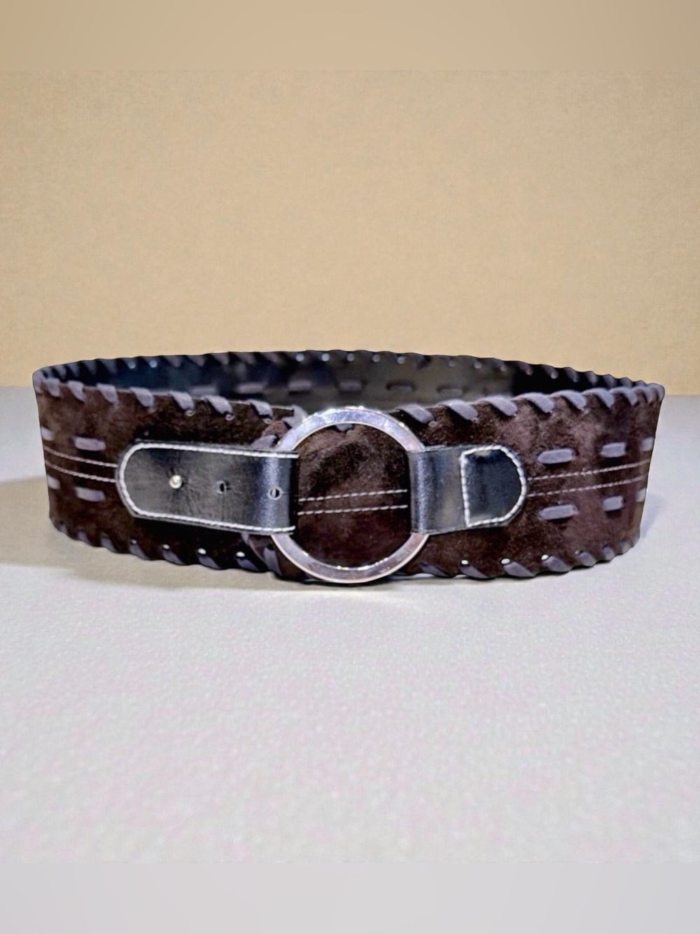 Carlisle Wide Suede Leather Belt Dark Blue Braided Detail Ring Buckle | 38” x 3”